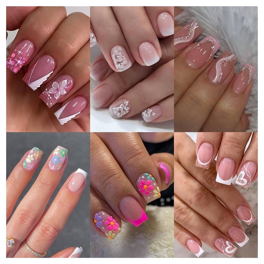 6 Packs (144 Pcs) Press on Nails Square, Flower Press on Nails, French T…